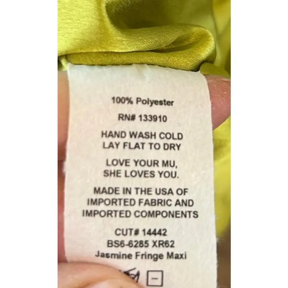 Show Me Your Mumu Jasmine Fringe Maxi in Chartreuse Luxe Satin L NWT - Picture 6 of 9